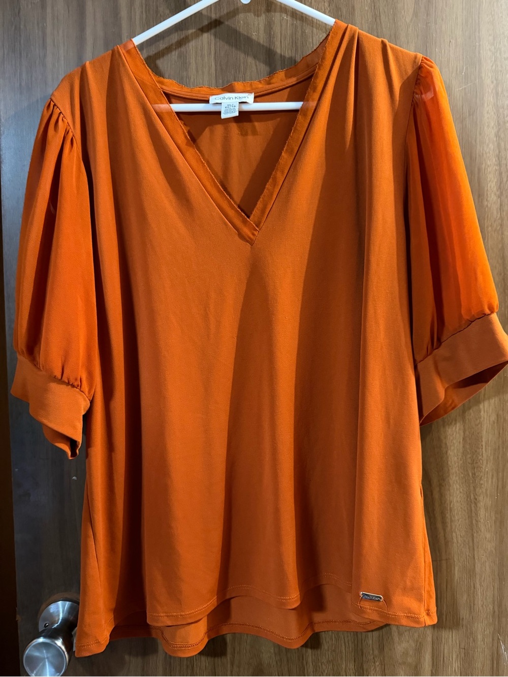 Calvin Klein Orange V-Neck Puff Sleeve Blouse